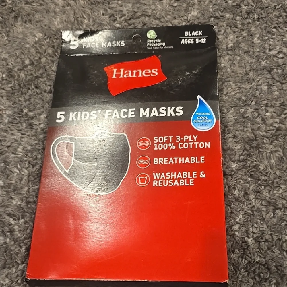 ❤️10/$20 New Hanes Black Kids' Face Masks 5-Pack